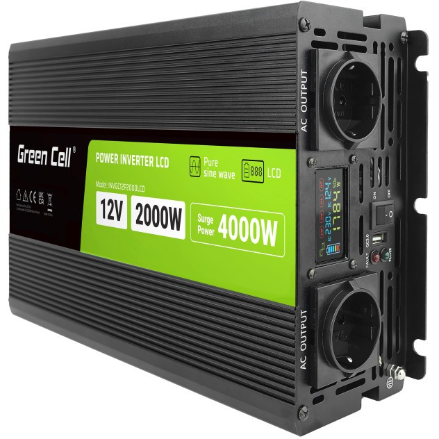 Green Cell Przetwornica napicia PowerInverter LCD 12 V 2000W/40000W z - INVGC12P2000LCD