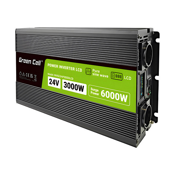 Green Cell Przetwornica napicia PowerInverter LCD 24 V 3000W/60000W Przetwornica samochodowa z wywietlaczem - czysty sinus power adapter/inverter