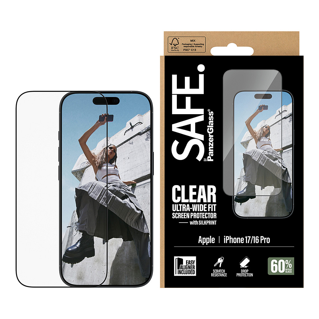 PanzerGlass SAFE. by ® Screen Protector w. Black Frame iPhone 17 | 16 Pro | Ultra-Wide Fit w. EasyAligner
