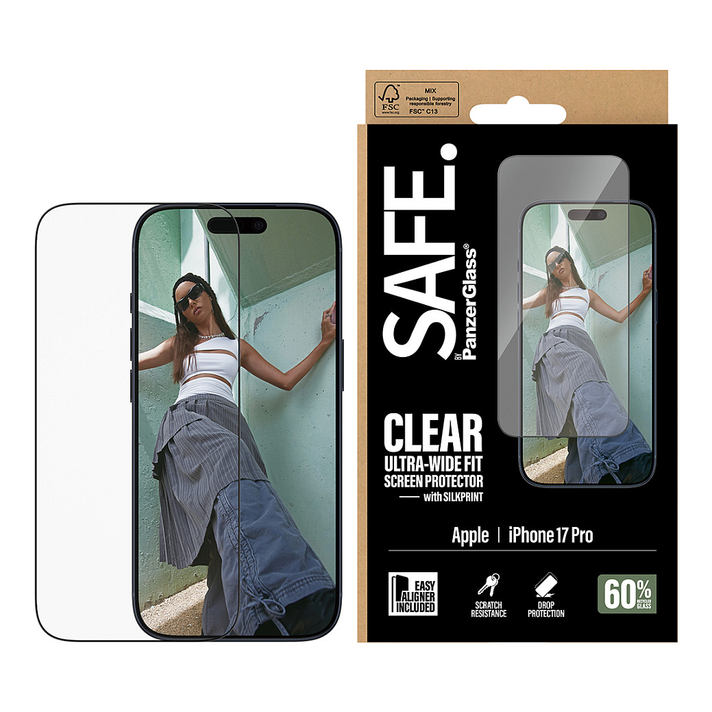 PanzerGlass SAFE. by ® Screen Protector w. Black Frame iPhone 17 Pro | Ultra-Wide Fit w. EasyAligner