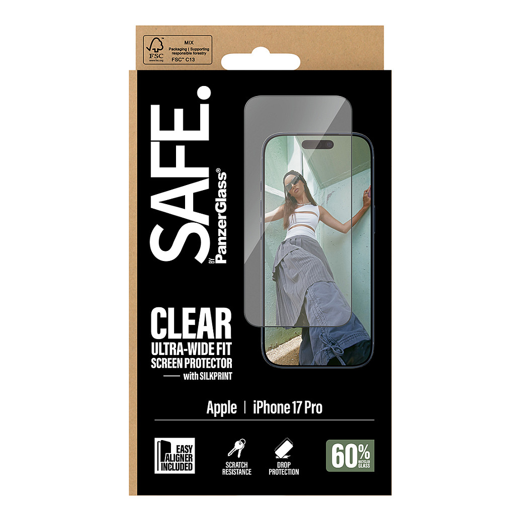 PanzerGlass SAFE. by ® Screen Protector w. Black Frame iPhone 17 Pro | Ultra-Wide Fit w. EasyAligner