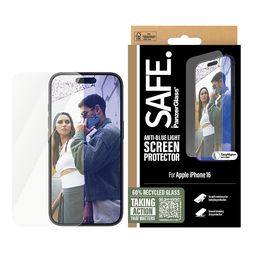 PanzerGlass SAFE. by ® Anti-Blue Light Screen Protector iPhone 16 | 15 | Ultra-Wide Fit
