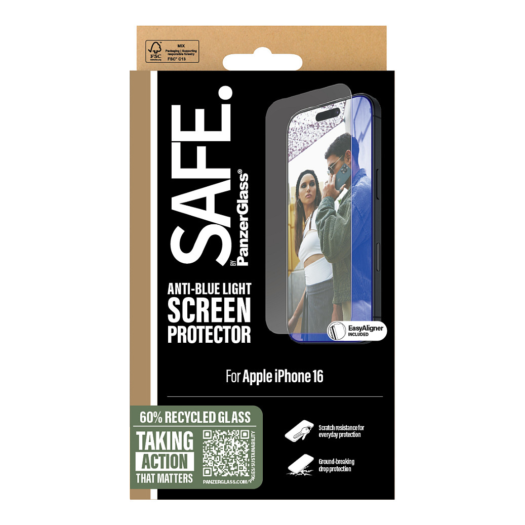 PanzerGlass SAFE. by ® Anti-Blue Light Screen Protector iPhone 16 | 15 | Ultra-Wide Fit