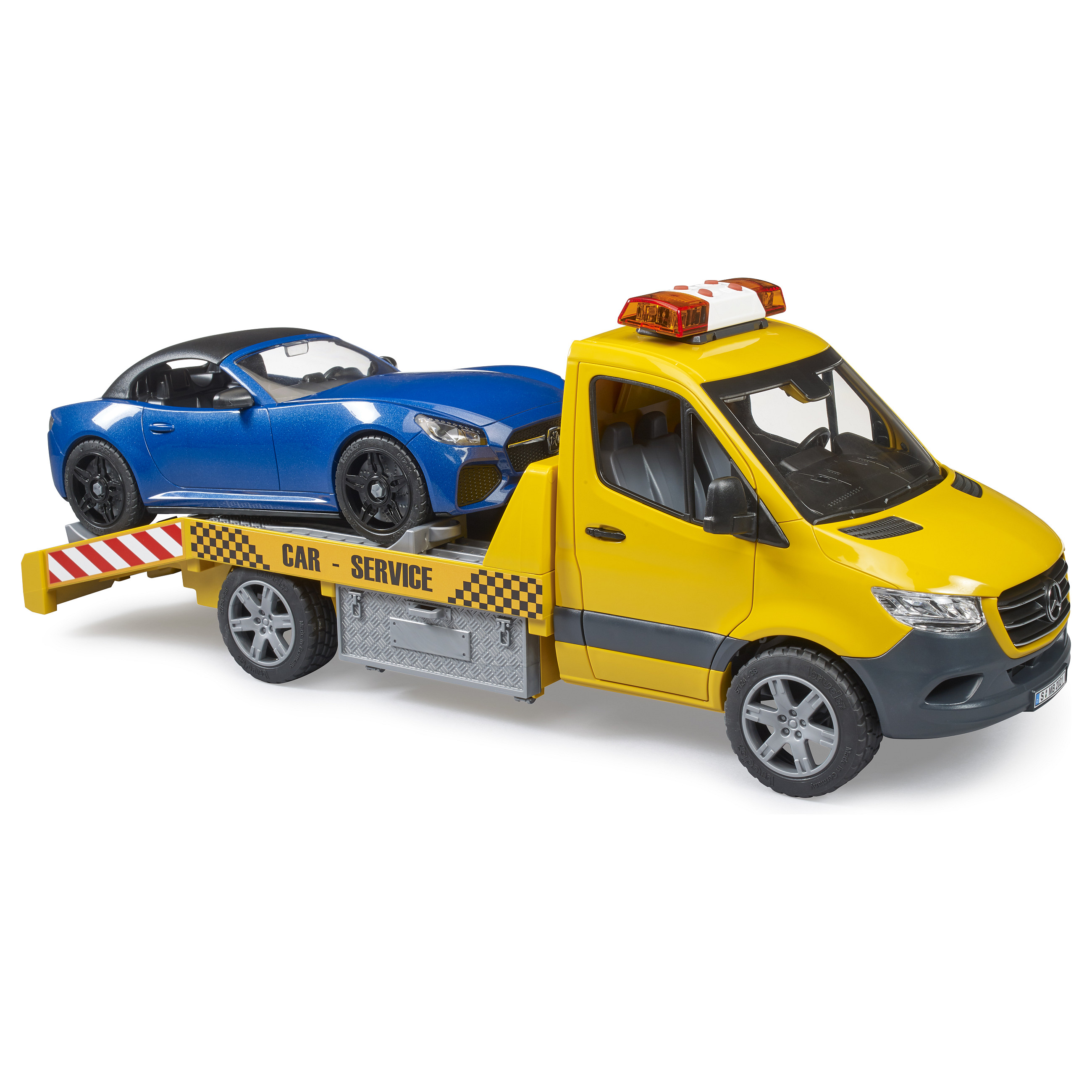 BRUDER MB Sprinter Autotransporter mit Light & Sound Modul (orange/blau, Inkl. Roadster) Spielwaren