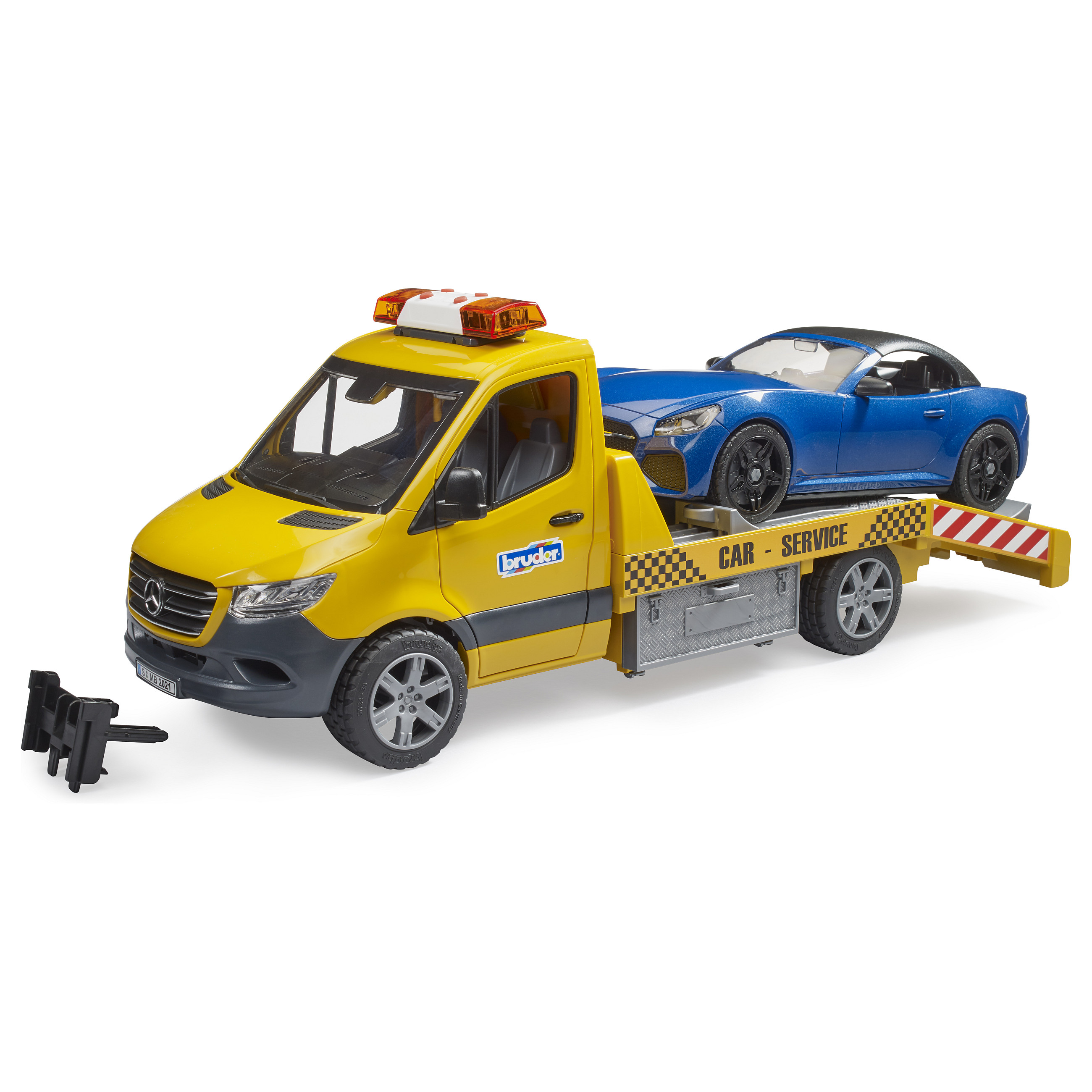 BRUDER MB Sprinter Autotransporter mit Light & Sound Modul (orange/blau, Inkl. Roadster)