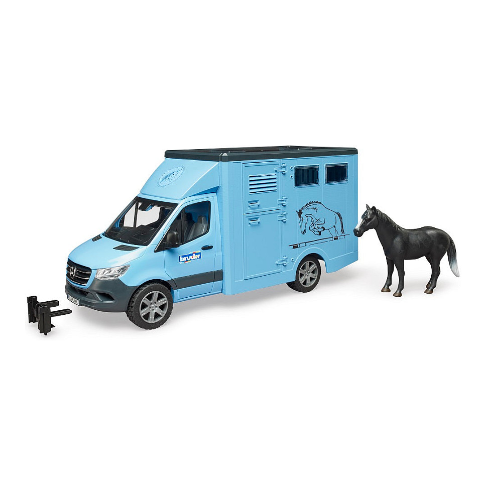 BRUDER MB Sprinter Tiertransporter mit Pferd (blau) Spielwaren