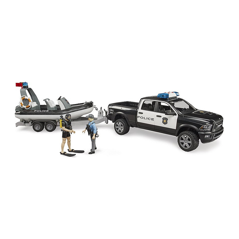 BRUDER RAM 2500 Polizei Pickup, L+S Modul, Anhnger mit Boot (schwarz/wei, Inkl. 2 Figuren) Spielwaren