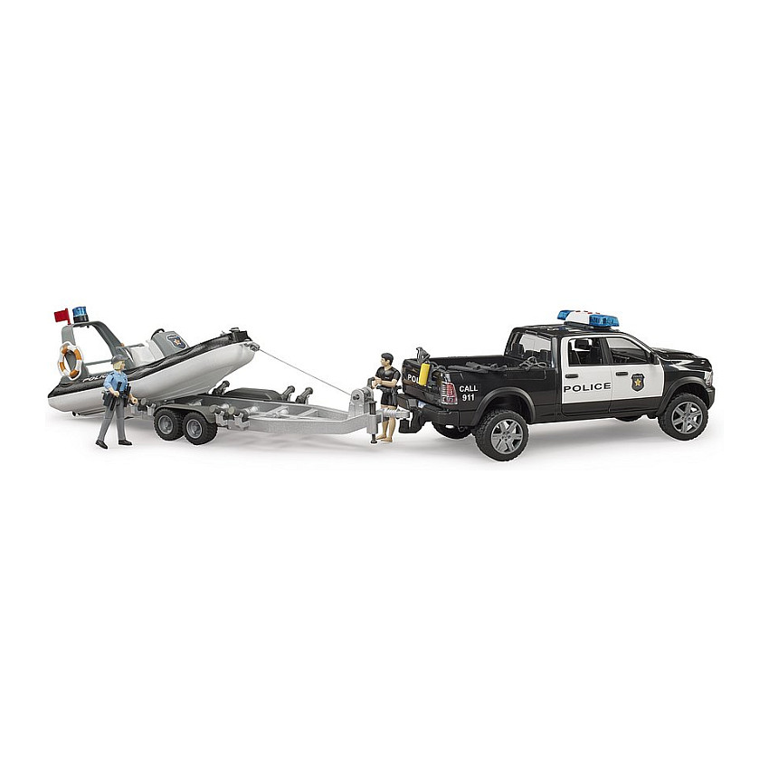 BRUDER RAM 2500 Polizei Pickup, L+S Modul, Anhnger mit Boot (schwarz/wei, Inkl. 2 Figuren)