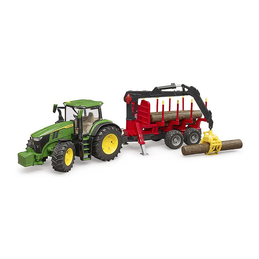 BRUDER John Deere 7R 350 m Rckeanhnger (grn/rot, Inkl. 4 Baumstmmen) Spielwaren