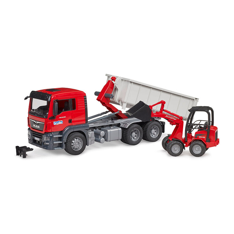 Bruder LKW Modell MAN TGS mit Abrollcontainer + Schäffer Hoflader Fertigmodell