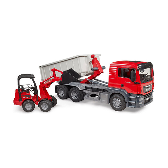 BRUDER MAN TGS LKW mit Abrollcontainer und Schffer Hoflader