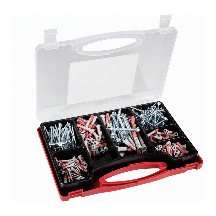 Fischer Meister-Box XL Wohnraum + Schrauben (hellgrau/rot, 280-teilig, mit Schraube) Werkzeuge