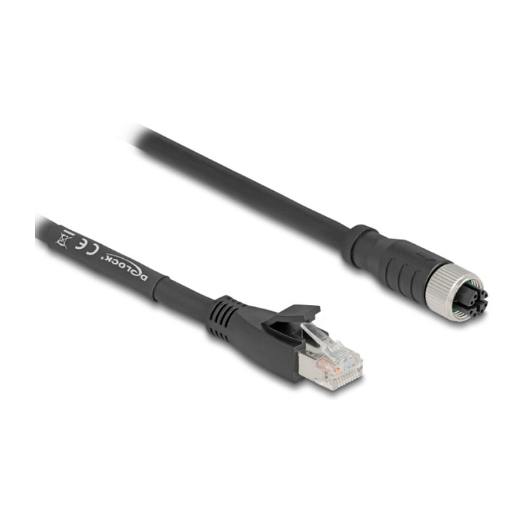 Delock M12 Kabel X-kodiert 8 Pin Buchse zu RJ45 Stecker Cat.5e S/FTP flexibel 10 m schwarz