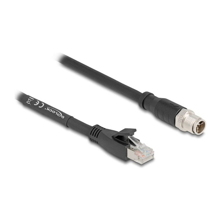 Delock M12 Kabel X-kodiert 8 Pin Stecker zu RJ45 Stecker Cat.5e S/FTP flexibel 10 m schwarz