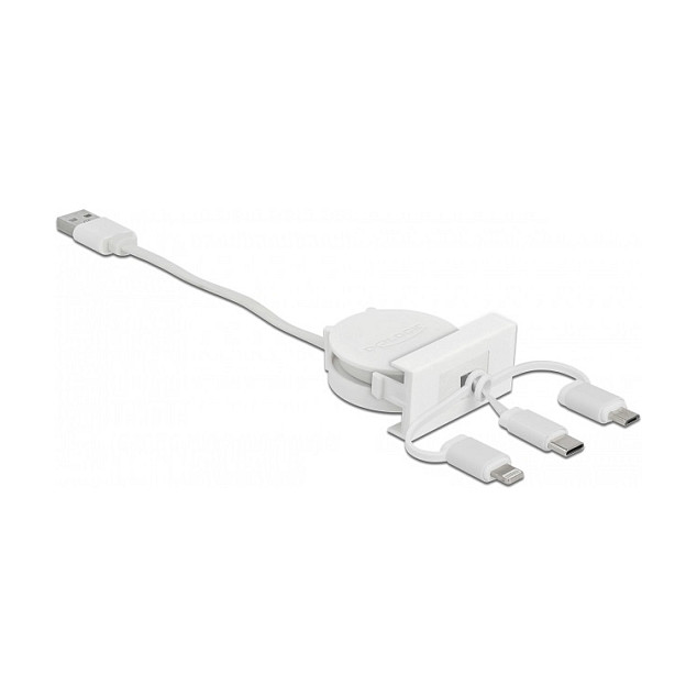 Delock Easy 45 Modul USB 2.0 3 in 1 Aufrollkabel USB Typ-A zu USB-C™, Micro USB und Lightning weiß