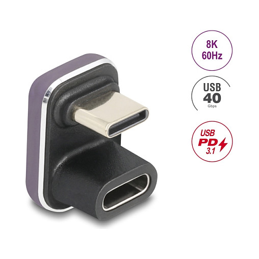 Delock USB-C™ Adapter 180° gewinkelt 40 Gbps PD 3.1 240 W Stecker zu Buchse U-Form 8K 60 Hz Metall