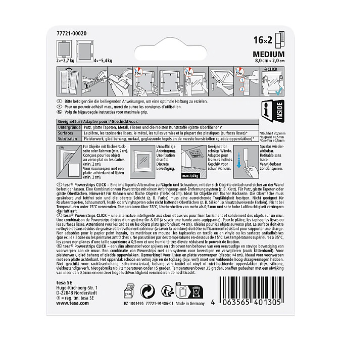 tesa Powerstrips CLICK MEDIUM 5.4kg selbstkl. Klettband 16x2