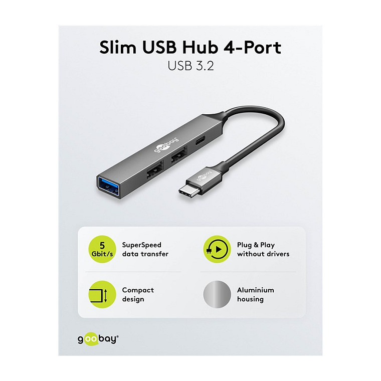 Goobay Slim 4-Port USB-Hub, USB-Câ„¢ auf USB-Câ„¢/USB-A, 5 Gbit/s