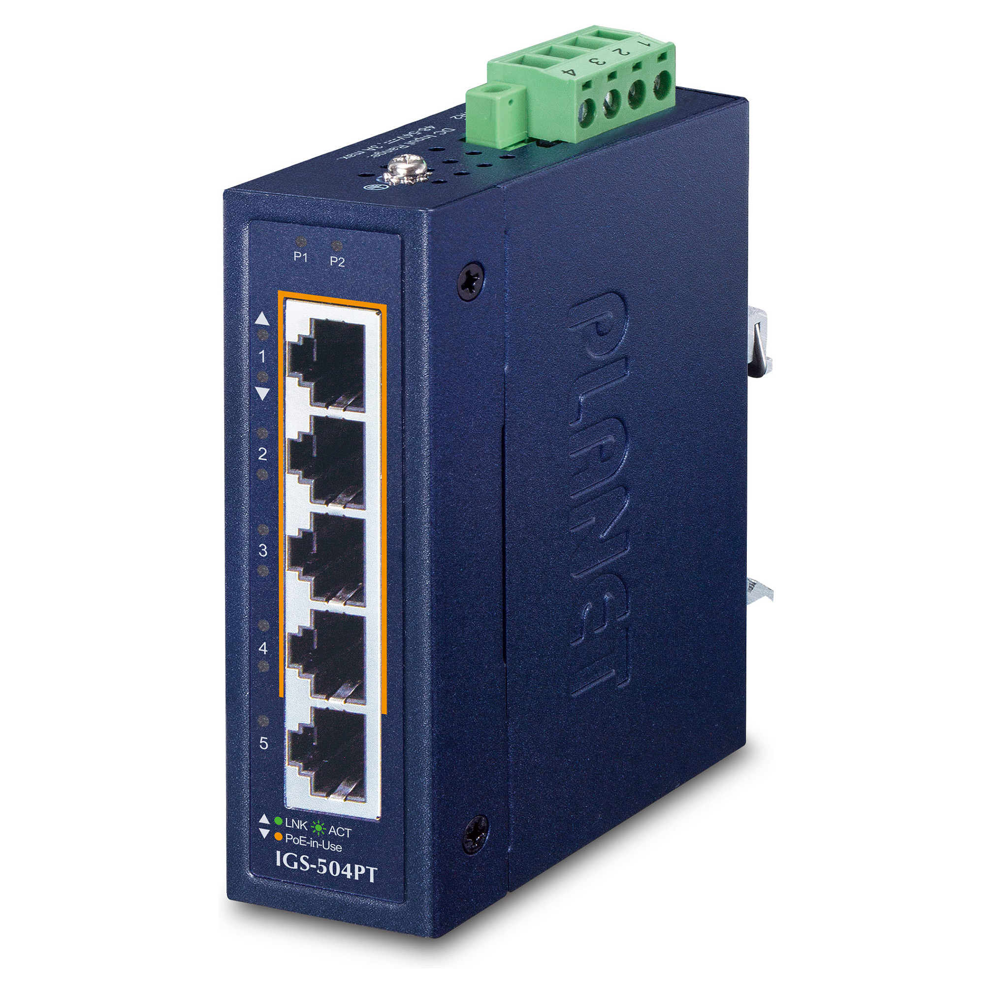 PLANET Industrial 4-Port 10/100/1000T PoE+ + 1-Port GE