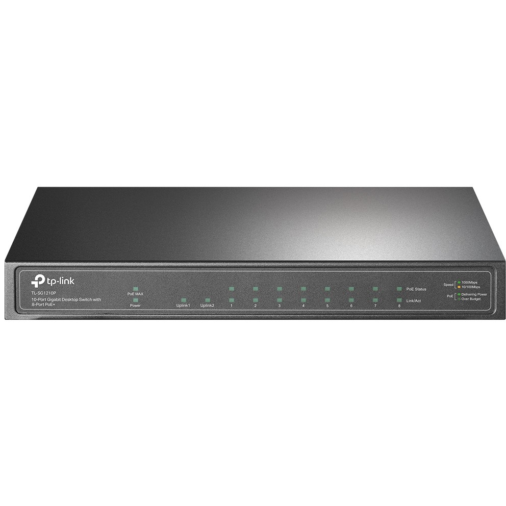 6935364052980 - TL-SG1210P - Switch - unmanaged - 8 x 10 100 1000 (PoE+) + 1 x 10 100 1000 (Uplink) + 1 x Gigabit SFP (Uplink) - Desktop - PoE+ (63 W)