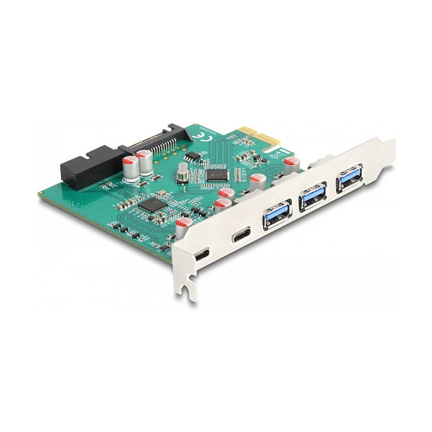 DELOCK USB 5 Gbps PCI Express x1 Karte zu 3 x extern Typ-A + 2 x extern USB Type-C Buchse und 1 x intern 19 Pin USB Pfostenstecker