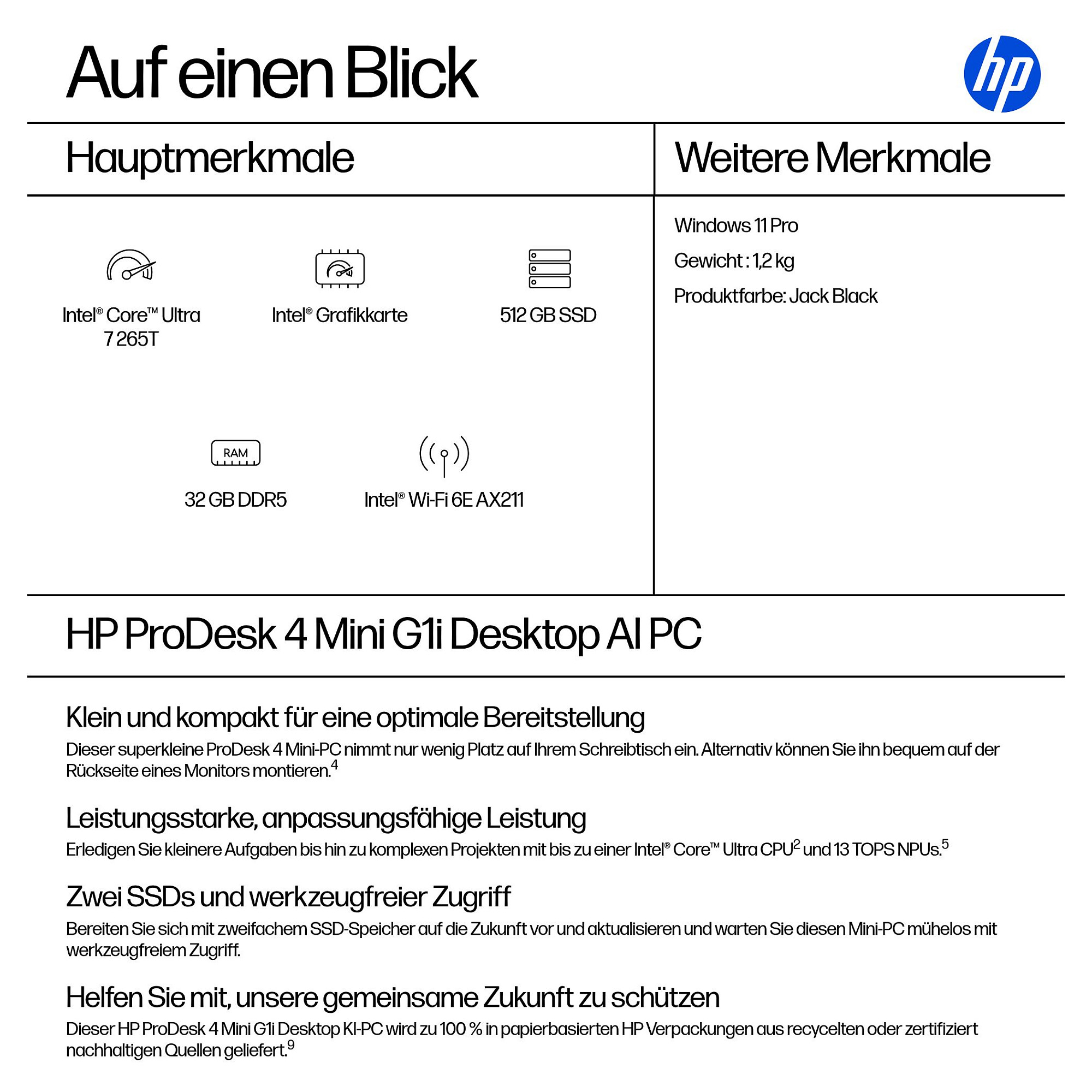 HP ProDesk 4 Mini G1i CU7-265T/32GB/512GB/W11Pro