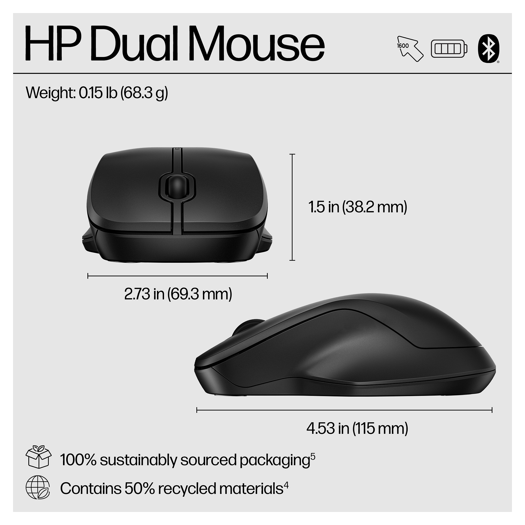HP Maus 255 Maus Kabellos BT/USB-A 3 Tasten Schwarz