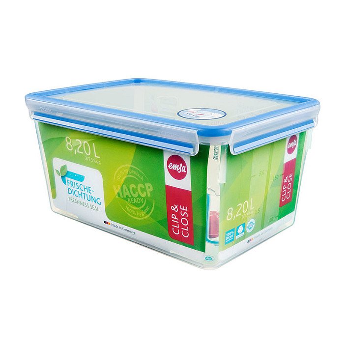 Emsa CLIP & CLOSE Frischhaltedose 8,0 Liter (transparent/blau, rechteckig, Maxiformat)