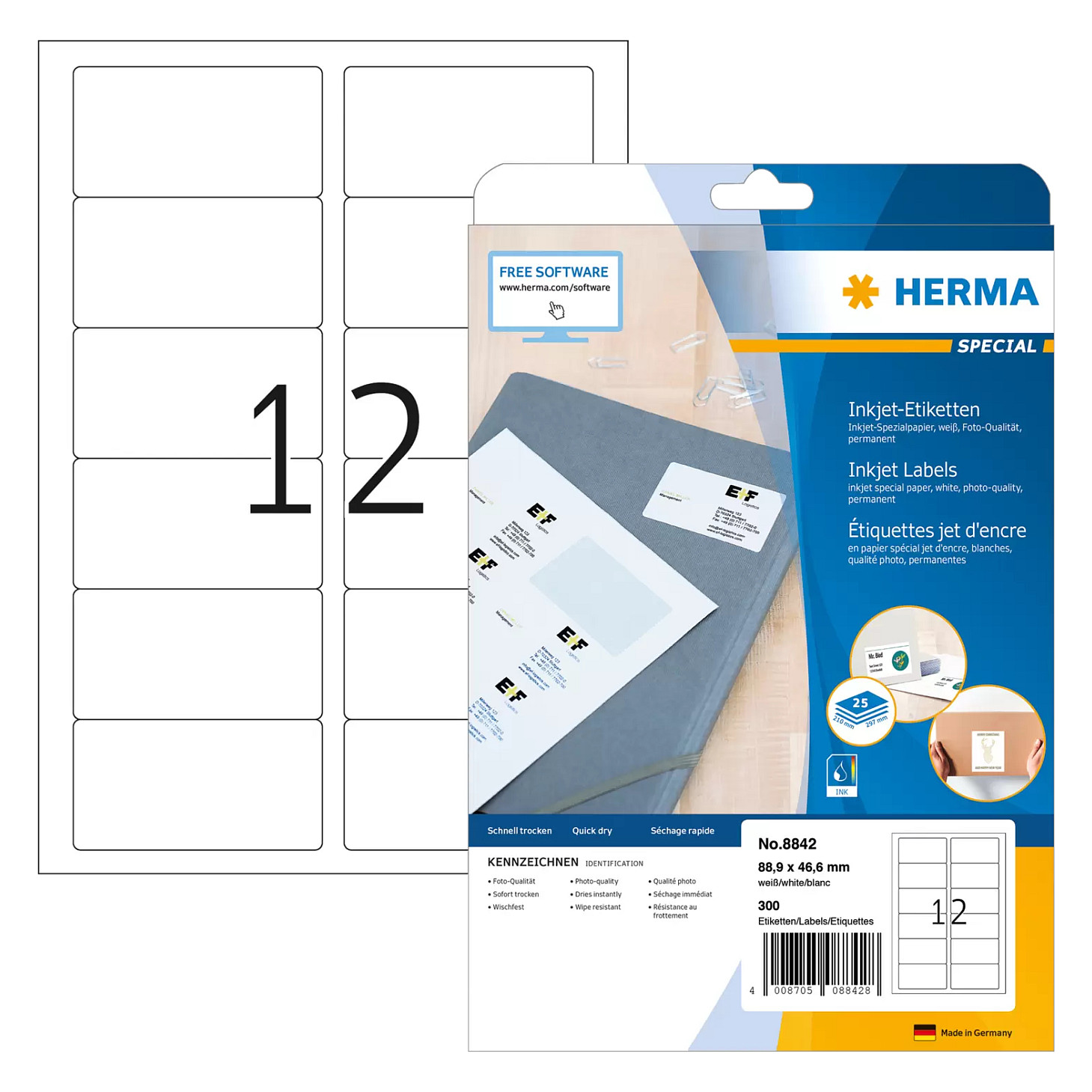 HERMA Inkjet Adressetik. A4 weiß 88,9x46,6 mm Papier 300 St. Tinte