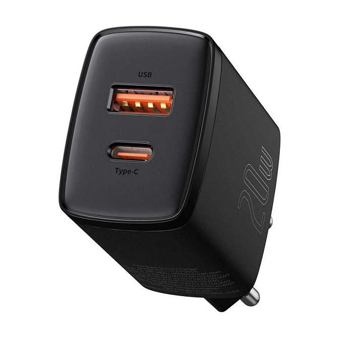 Compact mains charger 1x USB-A port + 1x USB-C port 20W (Black)