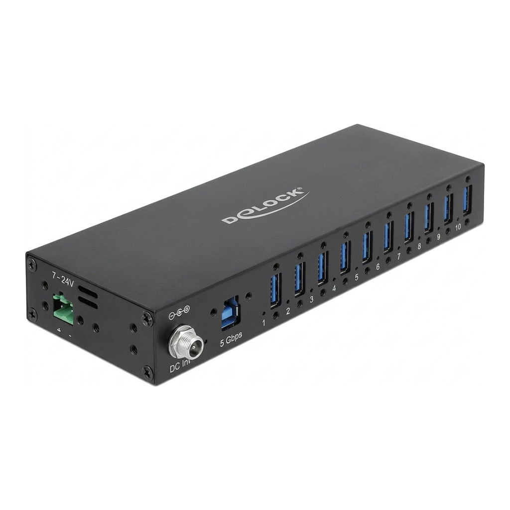 Industrie Hub 10 x USB 5 Gbps Typ-A mit 8 kV ESD Schutz und Hutschienenbefestigung