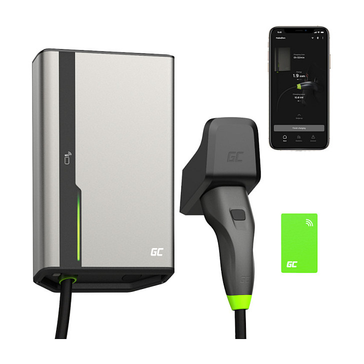Green Cell EVGC021B2275 HabuDen Wallbox 22kW 32A 7.5m NFC Type 2 Cable Smart EV Charging Station with GC App Bluetooth WiFi Elektromobilität