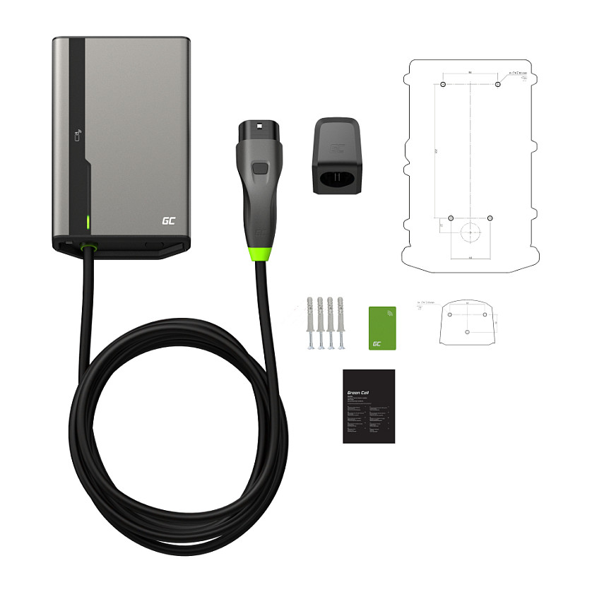 Green Cell EVGC021B2275 HabuDen Wallbox 22kW 32A 7.5m NFC Type 2 Cable Smart EV Charging Station with GC App Bluetooth WiFi
