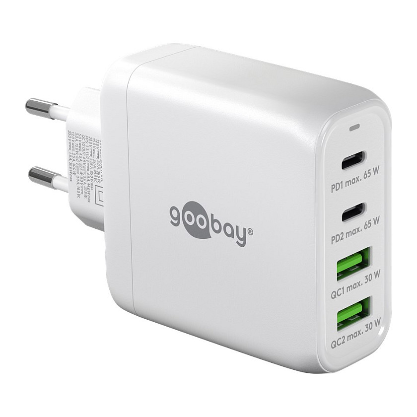 Goobay USB-C Multiport-Schnellladegert, PD, GaN, 68 Watt (wei, 2x USB-C, 2x USB-A, Power Delivery, QuickCharge)