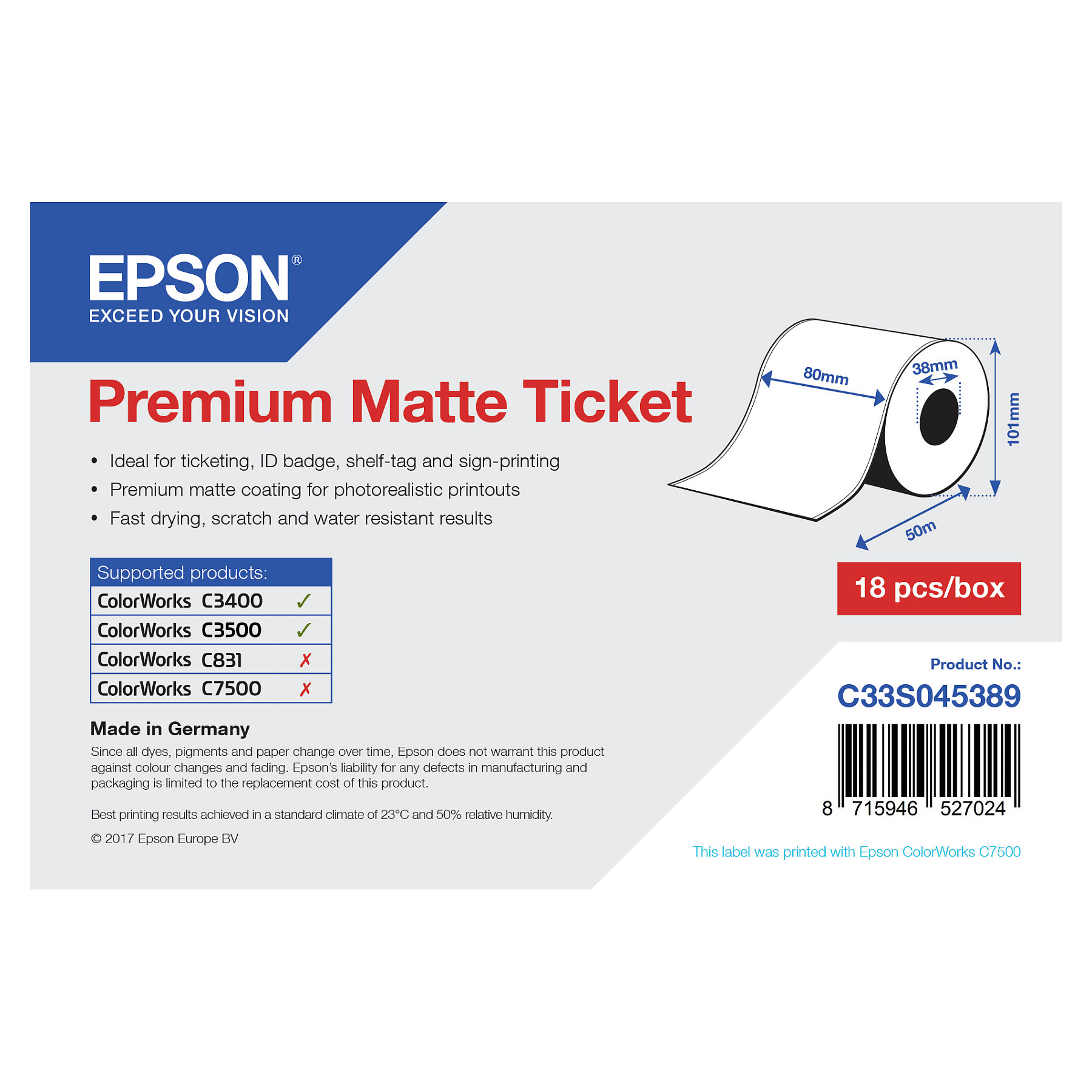 Epson Premium, 80mm x 50m, 107 g/m² Zubehör Drucker
