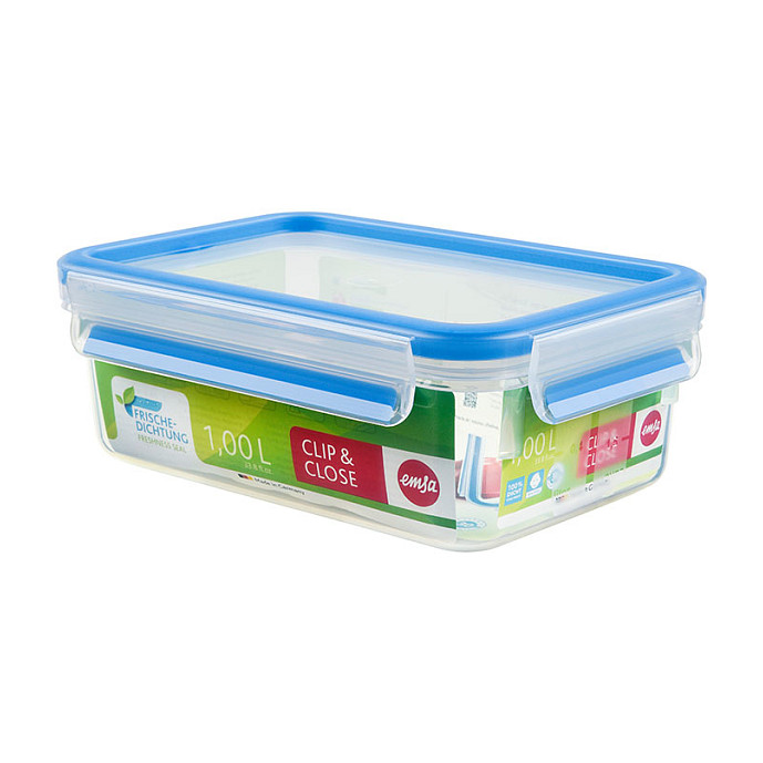 CLIP & CLOSE Frischhaltedose (transparent/blau, 1,0 Liter, Klassikformat)