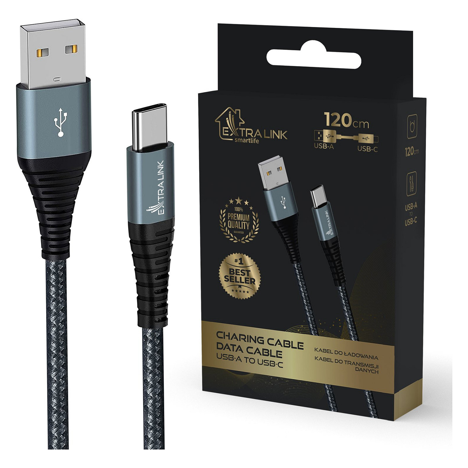 Extralink SMART LIFE CABLE 15W, USB-A TO USB-C, 120CM, NYLON BRAIDED, 5V 2.4A/3A, BLACK USB cable