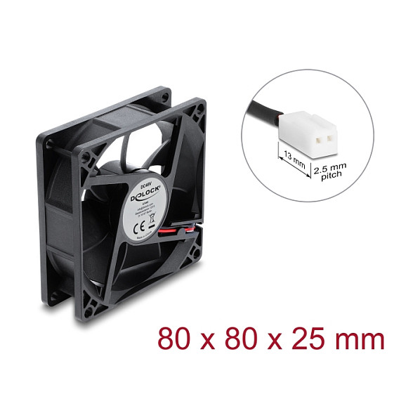 Delock Axiallüfter 48 V DC, 80 x 80 x 25 mm mit 2 Pin Lüfteranschluss schwarz