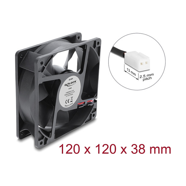 Delock Axiallüfter 48 V DC, 120 x 120 x 38 mm mit 2 Pin Lüfteranschluss schwarz