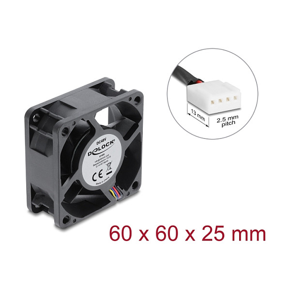 Delock Axiallüfter 48 V DC, 60 x 60 x 25 mm mit 4 Pin PWM Lüfteranschluss schwarz