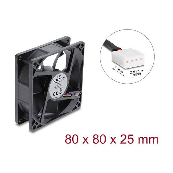 Delock Axiallüfter 48 V DC, 80 x 80 x 25 mm mit 4 Pin PWM Lüfteranschluss schwarz