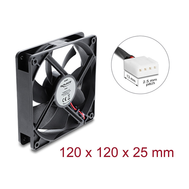 Delock Axiallüfter 48 V DC, 120 x 120 x 25 mm mit 4 Pin PWM Lüfteranschluss schwarz