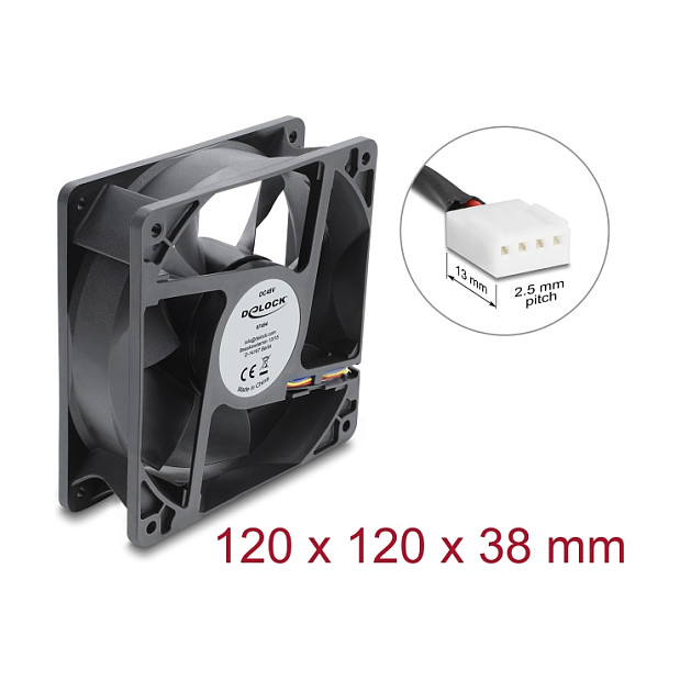 Delock Axiallüfter 48 V DC, 120 x 120 x 38 mm mit 4 Pin PWM Lüfteranschluss schwarz