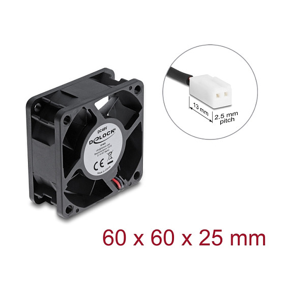 Delock Axiallüfter 48 V DC, 60 x 60 x 25 mm mit 2 Pin Lüfteranschluss schwarz