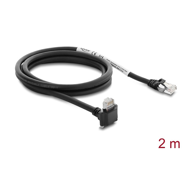 Delock GigE Kamera Kabel RJ45 Stecker 90° gewinkelt mit Schrauben, Steckerlänge 28 mm zu RJ45 Stecker Cat.6 S/FTP 2 m schwarz