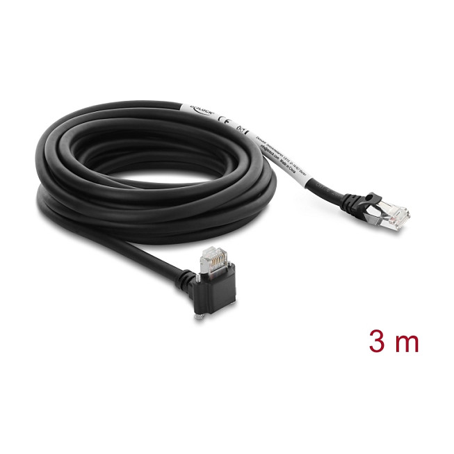 Delock GigE Kamera Kabel RJ45 Stecker 90° gewinkelt mit Schrauben, Steckerlänge 28 mm zu RJ45 Stecker Cat.6 S/FTP 3 m schwarz