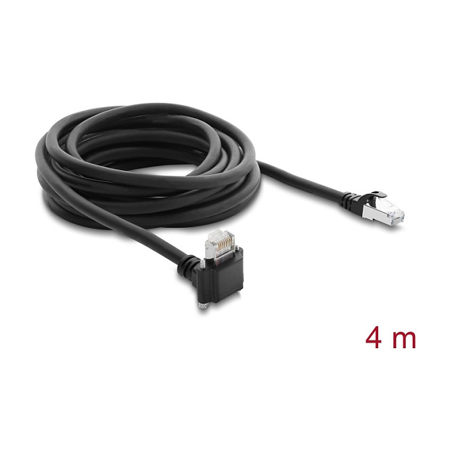 Delock GigE Kamera Kabel RJ45 Stecker 90° gewinkelt mit Schrauben, Steckerlänge 28 mm zu RJ45 Stecker Cat.6 S/FTP 4 m schwarz