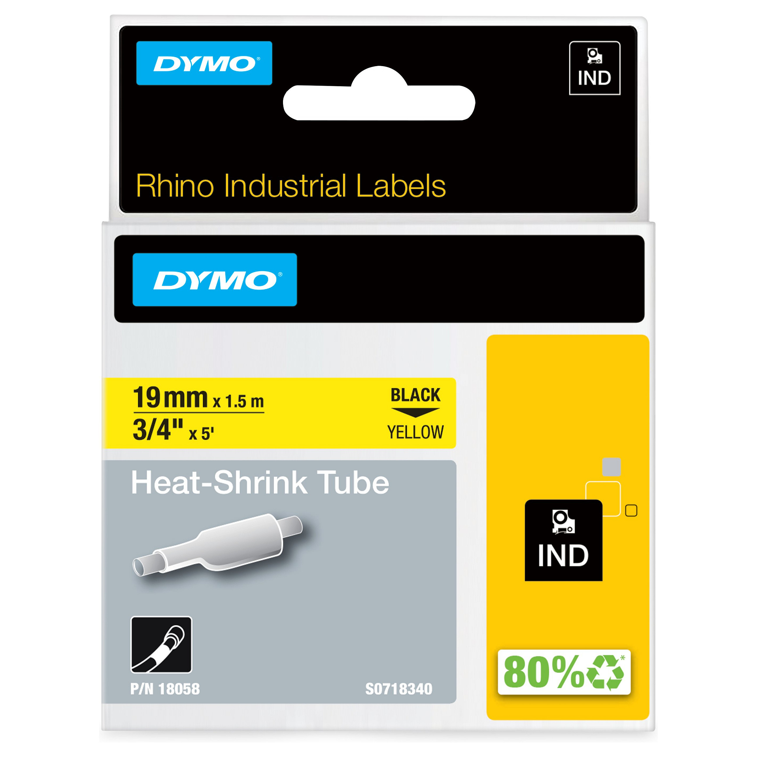 Dymo Rhino IND ORIGINAL Heischrumpfschlauch 19mm x 1,5m, schwarz auf gelb, Etiketten- Schrumpfschlauch (fr Durchmesser 4,64-8,7 mm, 18058)