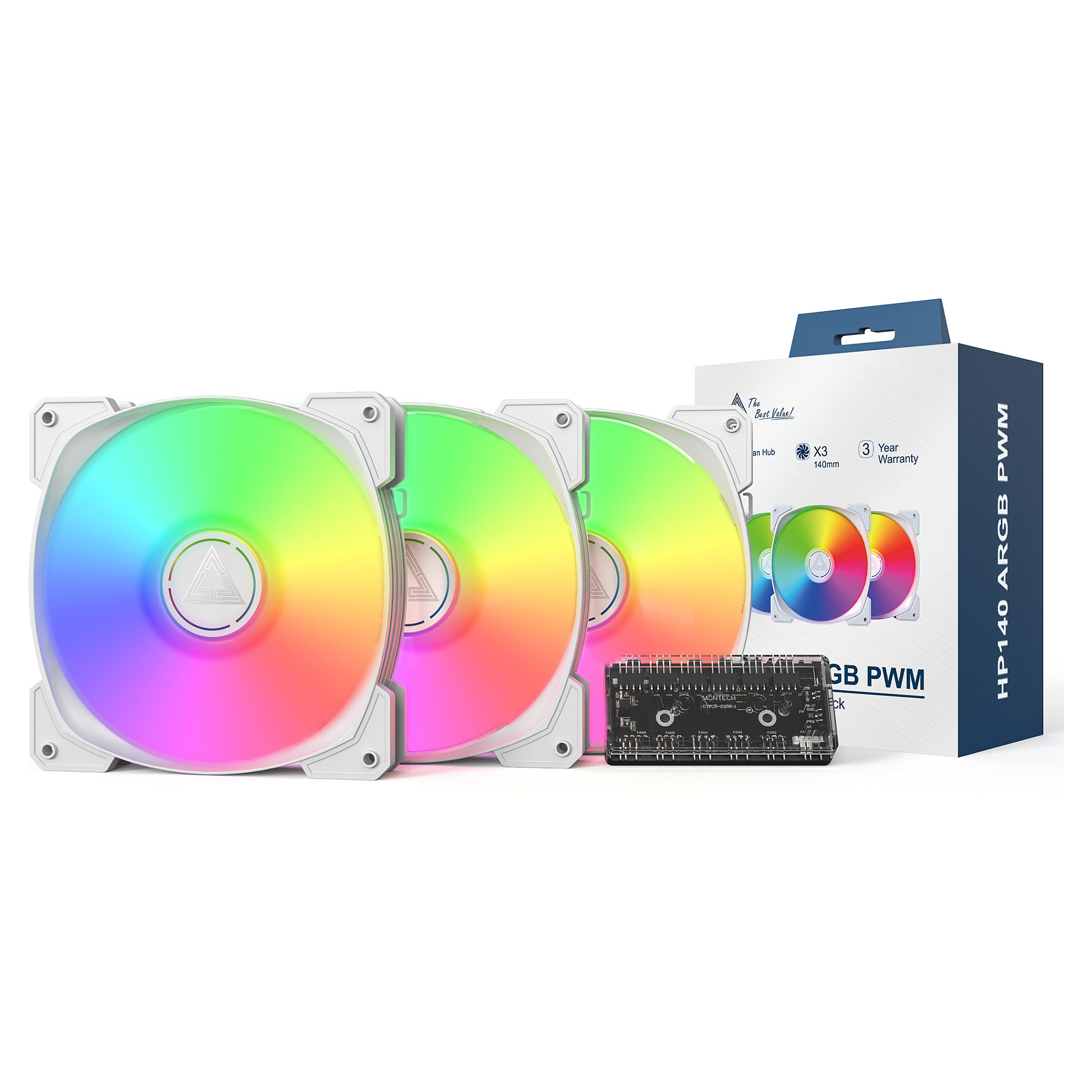 Montech HP140 ARGB PWM 140x140x25 (weiß, 3er Pack, 140 mm)