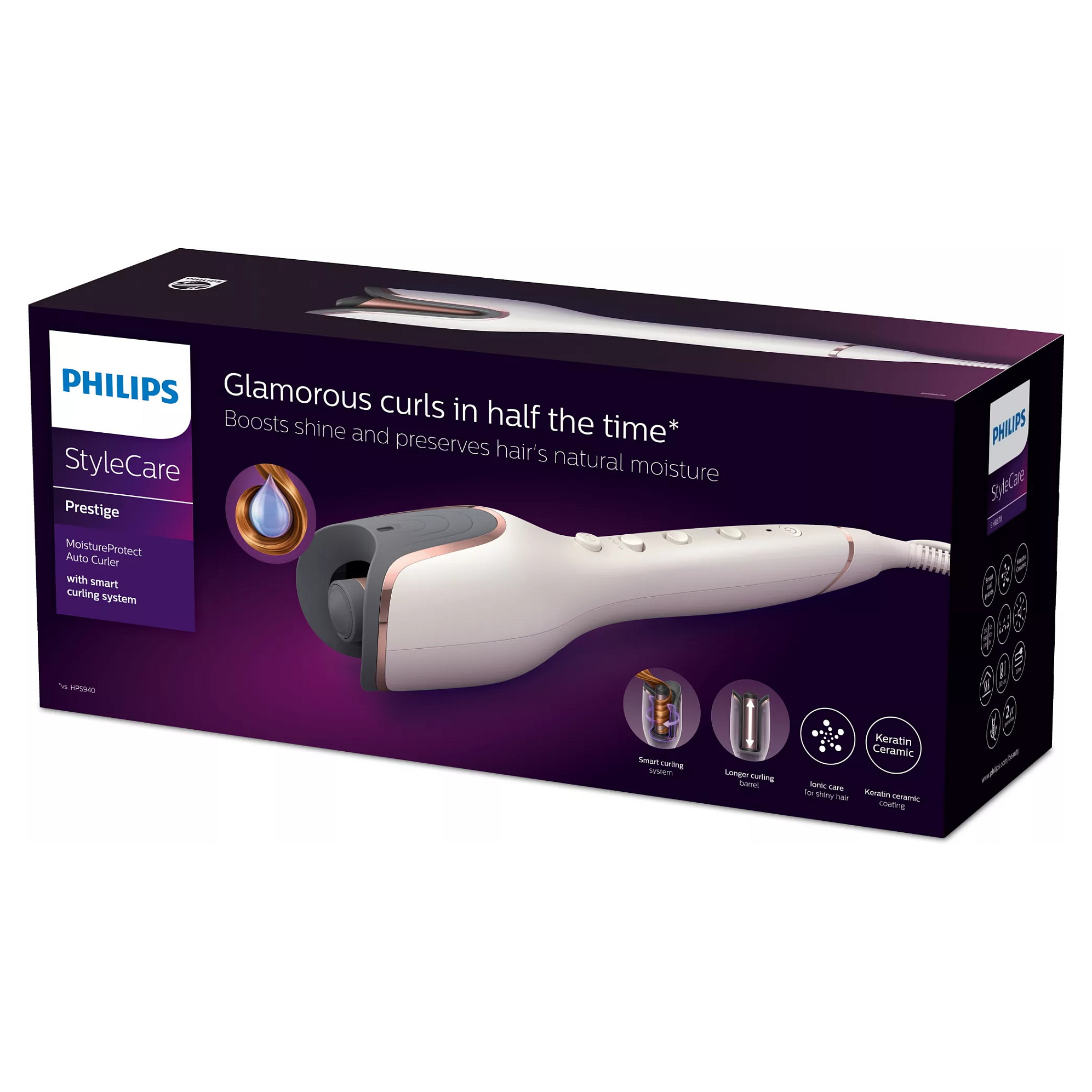 BHB878-00 Automatic Curling Iron MoistureProtect Ceramic and Keratin Ionic 27 Options White